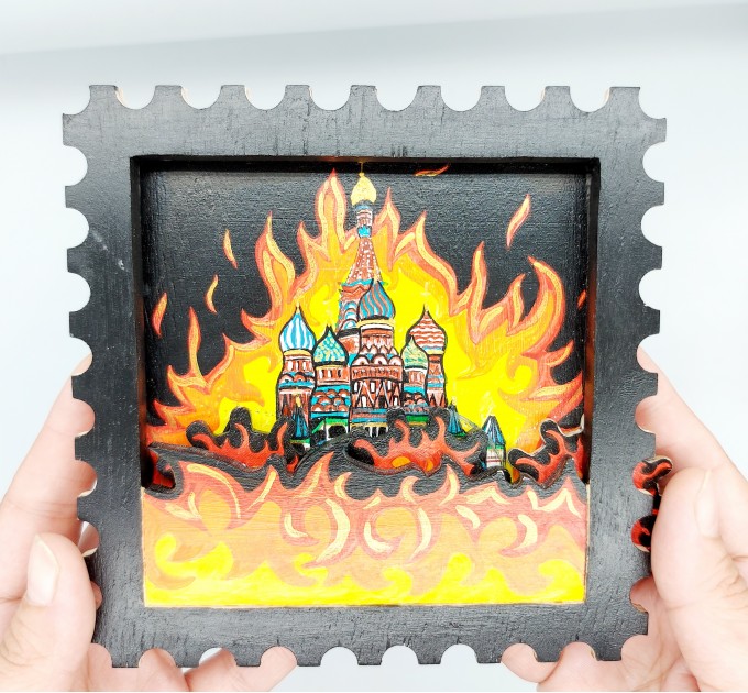 moscow fire 1812, moskva on fire - framed wooden sign with wooden gears - Ukrainian shop, Ukrainian artist