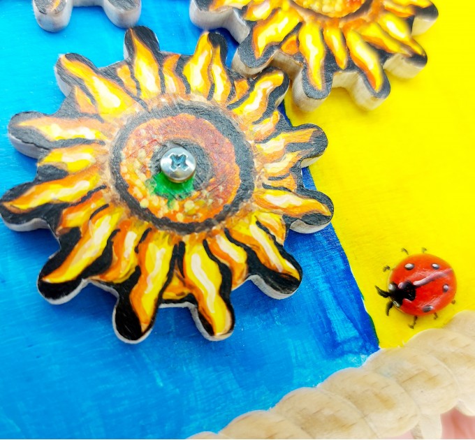 Ukrainian sunflower flag - Slava Ukraine sign - framed wooden sign with wooden gears - Ukrainian seller, Ukrainian artwork