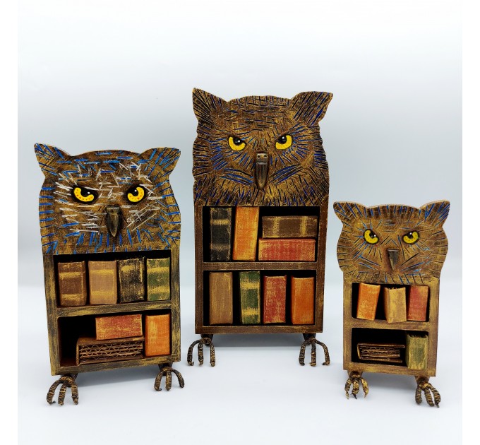 SET 3 Owls Bookcases, Dollhouse bookshelf miniature furniture for library - Owl lover gift