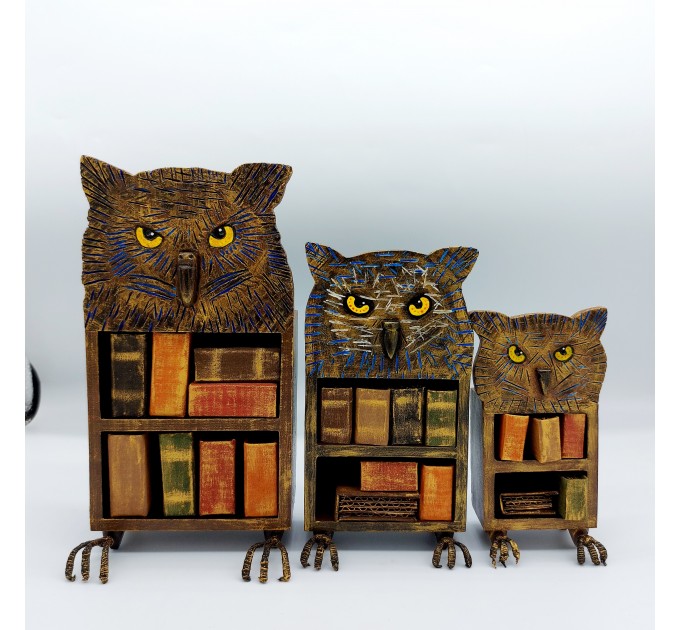 SET 3 Owls Bookcases, Dollhouse bookshelf miniature furniture for library - Owl lover gift