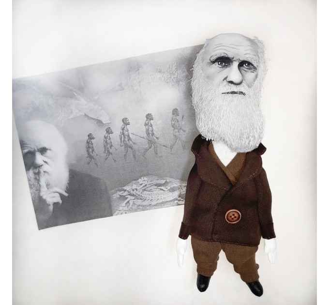 Charles Darwin English naturalist, geologist and biologist, atheist - Theory of evolution - Textile doll hand embroidered and painted face