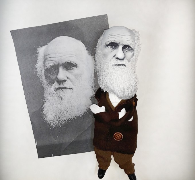 Charles Darwin English naturalist, geologist and biologist, atheist - Theory of evolution - Textile doll hand embroidered and painted face