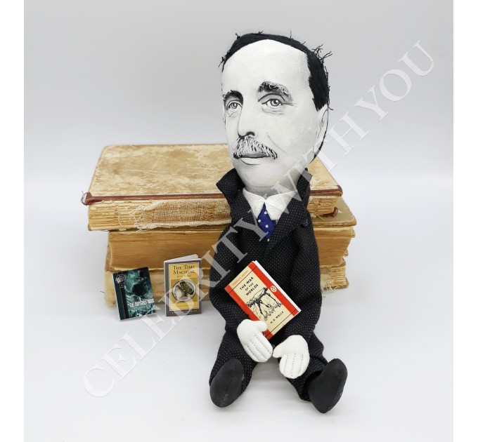 H.G. Wells writer author - sience fiction fans gift - Collectible doll + miniature books