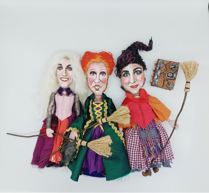 Sanderson Sisters + magick book - SET 3 handmade witches dolls - Collectible Halloween decorations