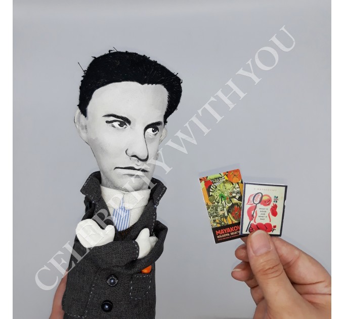 Vladimir Mayakovsky Russian poet, communist USSR - bookshelves decor - Collectible doll + miniature books