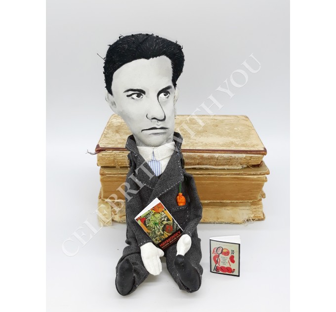 Vladimir Mayakovsky Russian poet, communist USSR - bookshelves decor - Collectible doll + miniature books