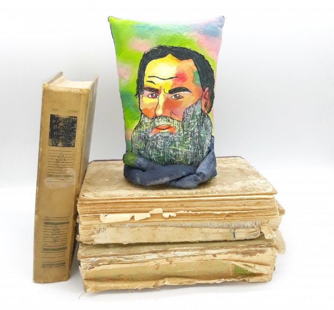 Leo Tolstoy decorative pillow, reading pillows, book nerd pillow - Reader gifts - book shelf decoration - hand painted pillow