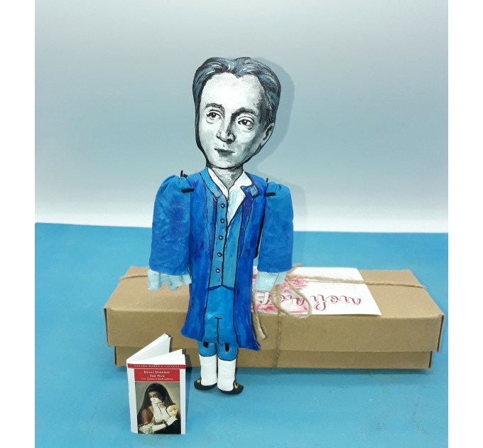 Denis Diderot little thinker doll, French philosopher, art critic and writer - Philosophy Teacher Gift, book lover present - Collectible philosopher figurine hand painted + miniature book