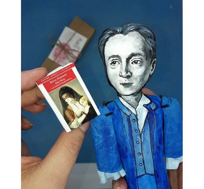 Denis Diderot little thinker doll, French philosopher, art critic and writer - Philosophy Teacher Gift, book lover present - Collectible philosopher figurine hand painted + miniature book