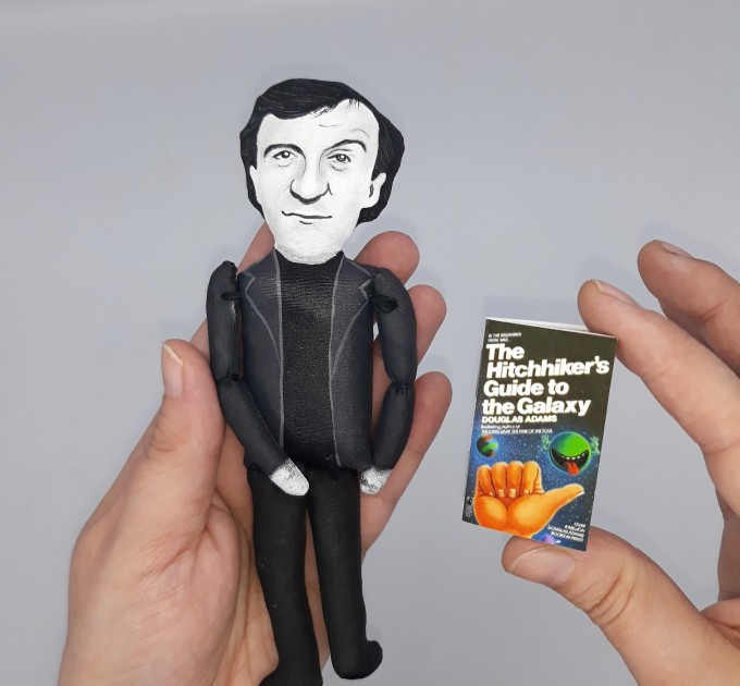 Douglas Adams action figure - screenwriter, essayist, humorist, satirist - library figurine + Miniature Book