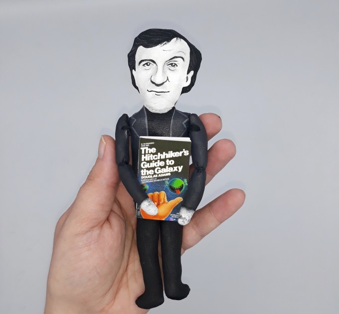 Douglas Adams action figure - screenwriter, essayist, humorist, satirist - library figurine + Miniature Book