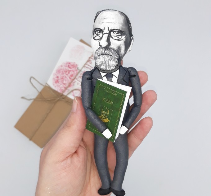 Edmund Husserl little thinkers doll, German philosopher Phenomenology Philosophy - The Library of Philosophy and Theology - Philosopher gift, library artwork - Collectible doll + Miniature Book