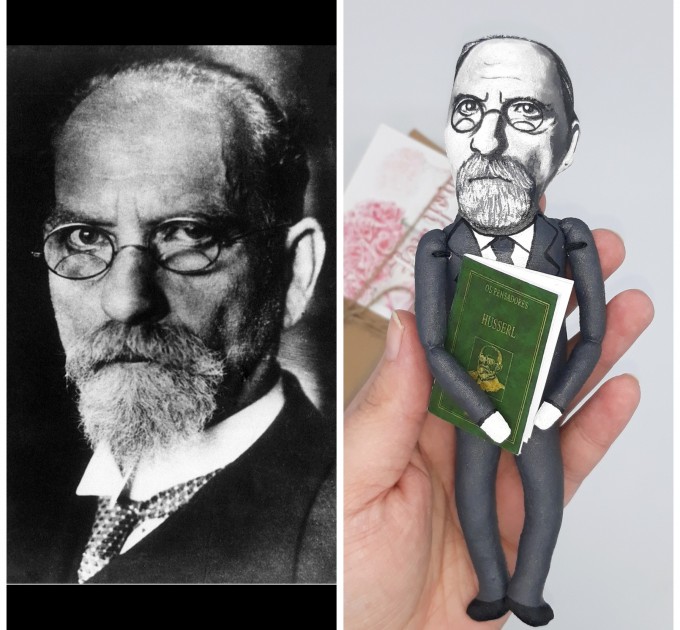 Edmund Husserl little thinkers doll, German philosopher Phenomenology Philosophy - The Library of Philosophy and Theology - Philosopher gift, library artwork - Collectible doll + Miniature Book
