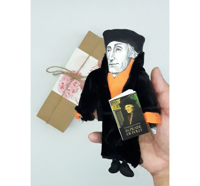 Erasmus Dutch philosopher action figure 1:12  Renaissance, Christian scholar - a unique collection for smart people - present lover book - Collectible scientist finger puppets hand painted + Miniature Book