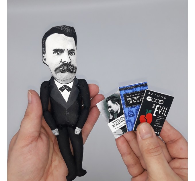 Friedrich Nietzsche thinker action figure 1:12, German philosopher, poet, philologist - Bookworm gifts - Philosopher gift - Collectible handmade finger puppet hand painted + Miniature Books