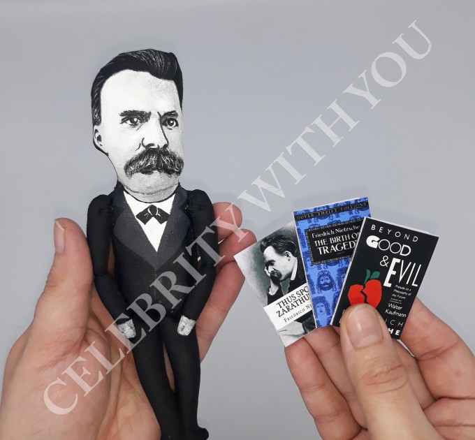 riedrich Nietzsche thinker action figure 1:12, German philosopher, poet, philologist - Bookworm gifts - Philosopher gift - Collectible handmade finger puppet hand painted + Miniature Books