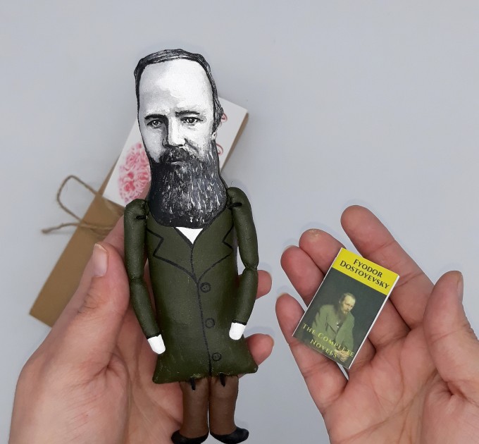 Fyodor Dostoevsky figurine, author Crime and Punishment - Reader gifts - collectible doll hand painted + miniature books