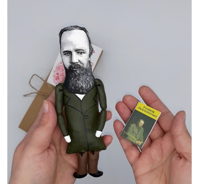 Fyodor Dostoevsky figurine, author Crime and Punishment - Reader gifts - collectible doll hand painted + miniature books