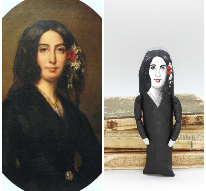 George Sand figurine, author Romantic Era - Bookworm gift - doll hand painted + Miniature Book