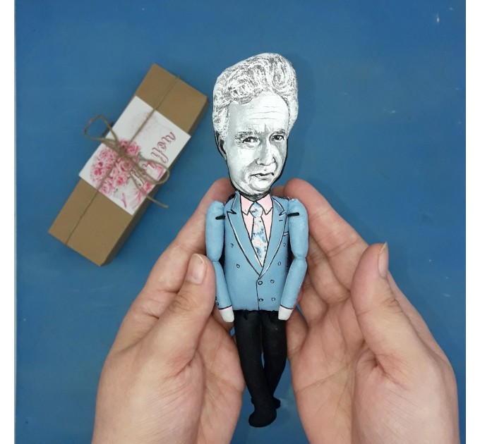 Jacques Derrida French philosopher action figure 1:12, little thinker doll - Philosophy Gift   
 reader office art - Collectible philosopher handmade finger puppet hand painted + Miniature Book