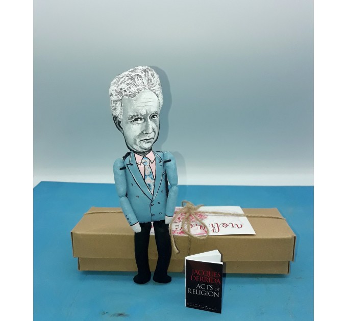 Jacques Derrida French philosopher action figure 1:12, little thinker doll - Philosophy Gift   
 reader office art - Collectible philosopher handmade finger puppet hand painted + Miniature Book