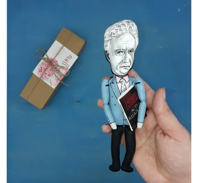 Jacques Derrida French philosopher action figure 1:12, little thinker doll - Philosophy Gift   
 reader office art - Collectible philosopher handmade finger puppet hand painted + Miniature Book