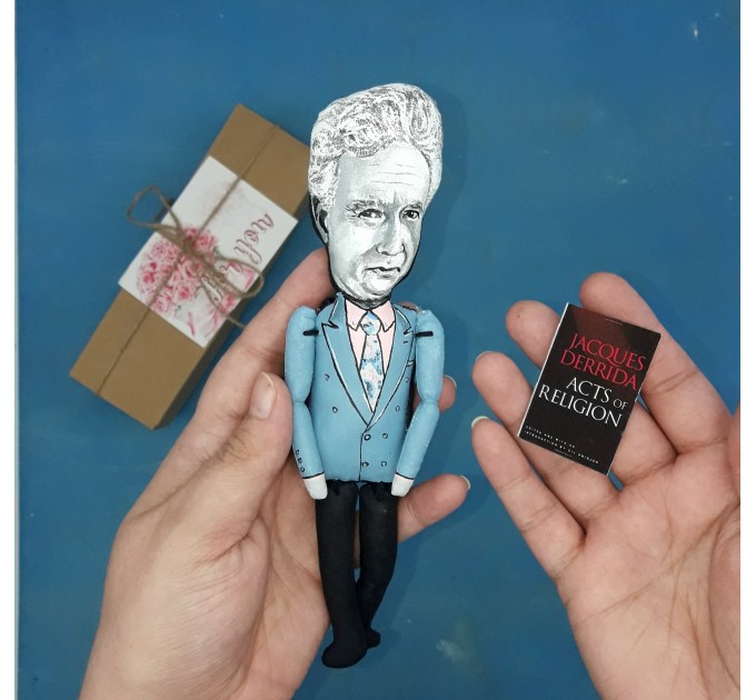 Jacques Derrida French philosopher action figure 1:12, little thinker doll - Philosophy Gift   
 reader office art - Collectible philosopher handmade finger puppet hand painted + Miniature Book