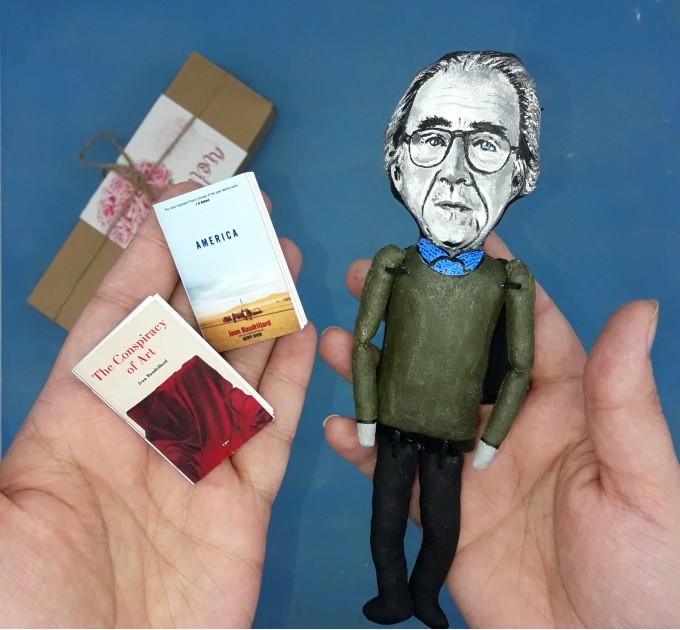 Jean Baudrillard philosopher action figure 1:12, French sociologist, cultural theorist - a unique collection for smart people, Readers gift - Collectible philosopher finger puppet hand painted + miniature books