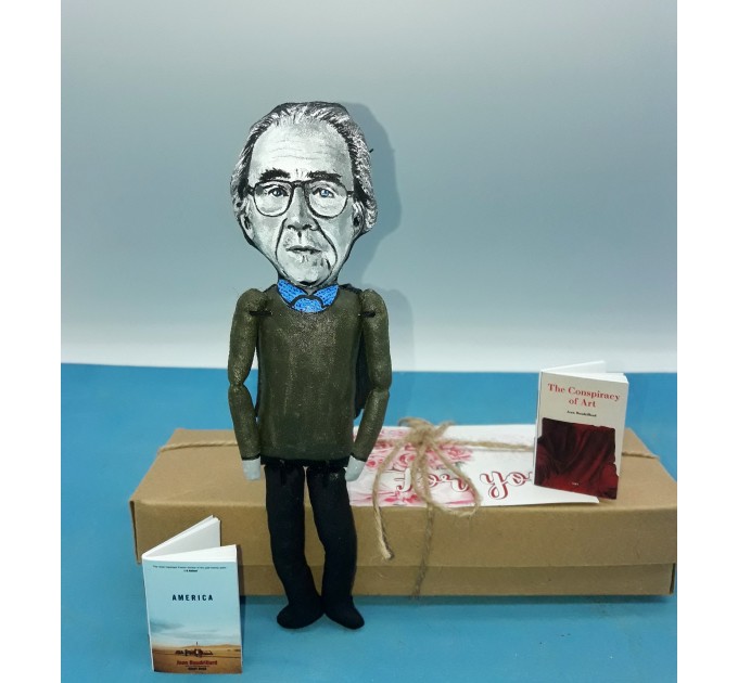 Jean Baudrillard philosopher action figure 1:12, French sociologist, cultural theorist - a unique collection for smart people, Readers gift - Collectible philosopher finger puppet hand painted + miniature books