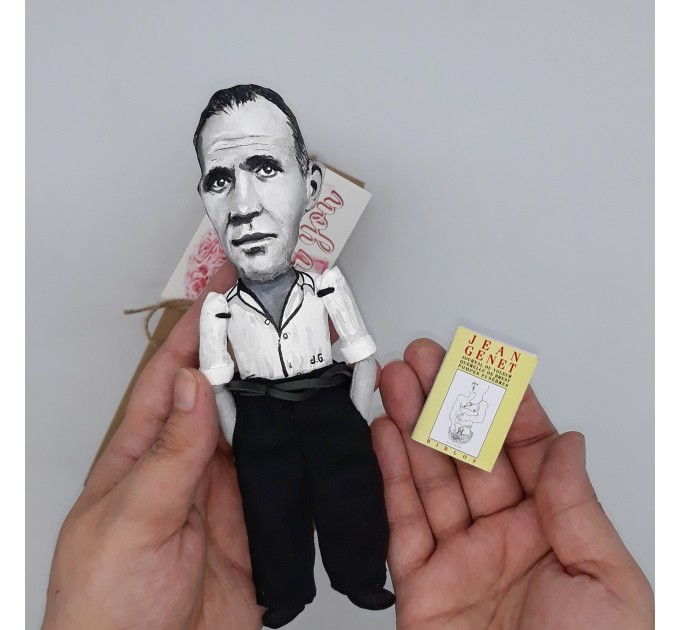 Jean Genet literary figurine, French novelist, playwright, poet, essayist political activist - Literary fans, Book lover gift - Thoughtful gift - Collectible handmade doll hand painted + Miniature Book