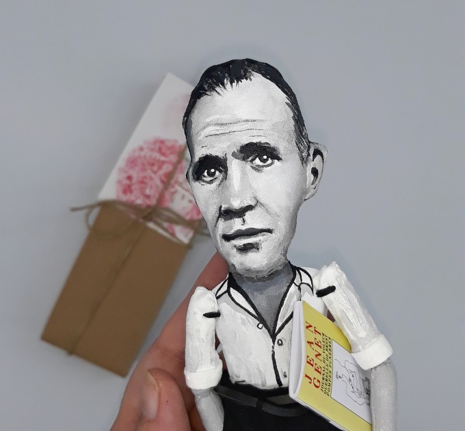 Jean Genet literary figurine, French novelist, playwright, poet, essayist political activist - Literary fans, Book lover gift - Thoughtful gift - Collectible handmade doll hand painted + Miniature Book