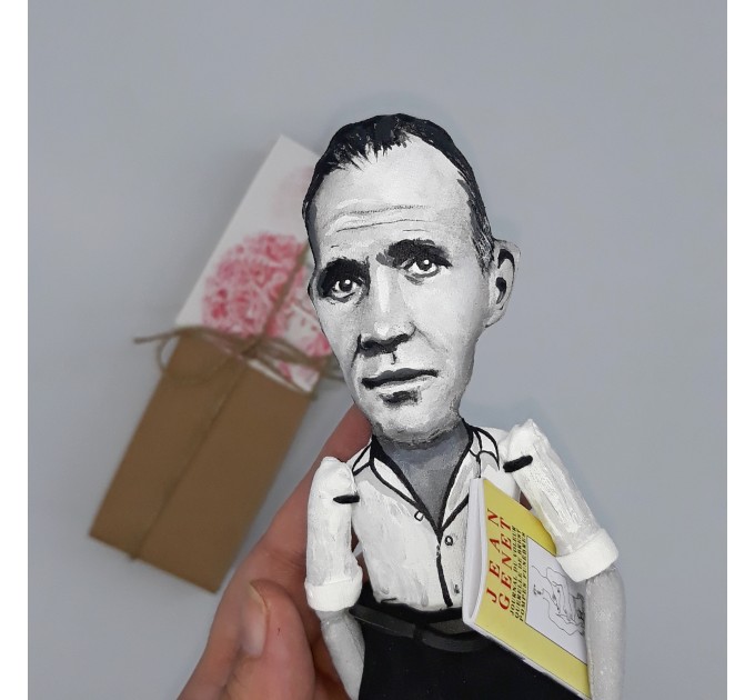 Jean Genet literary figurine, French novelist, playwright, poet, essayist political activist - Literary fans, Book lover gift - Thoughtful gift - Collectible handmade doll hand painted + Miniature Book