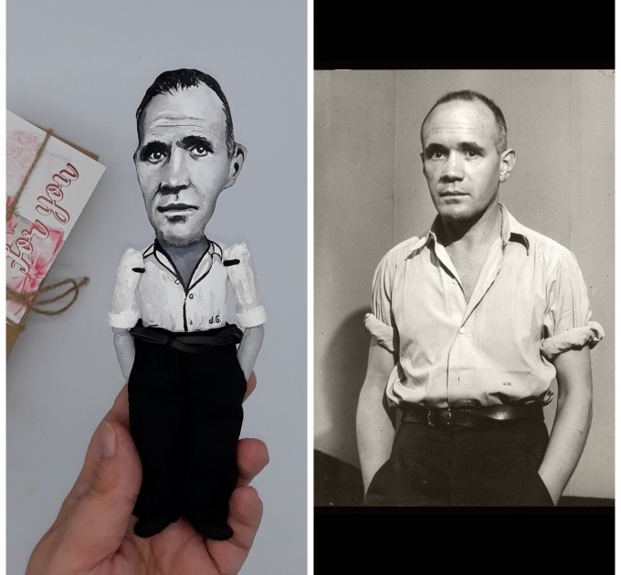 Jean Genet literary figurine, French novelist, playwright, poet, essayist political activist - Literary fans, Book lover gift - Thoughtful gift - Collectible handmade doll hand painted + Miniature Book