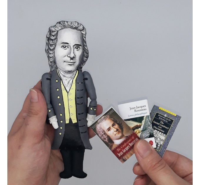 Jean-Jacques Rousseau figurine, political philosopher, writer, composer - Philosopher Gifts For Writers & Poetry - finger puppet theater - Collectible little thinkers doll hand painted + Miniature Books