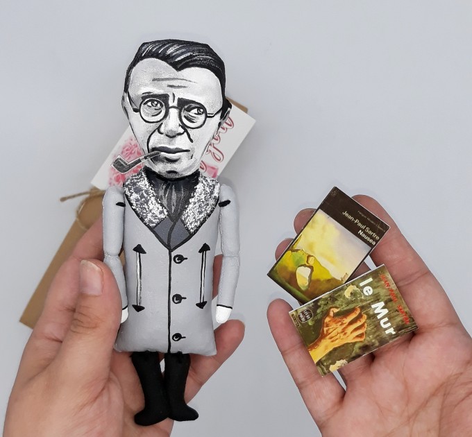 Jean Paul Sartre figurine, French philosopher - Philosophy Teacher Gift - Collectible hand painted doll + miniature book