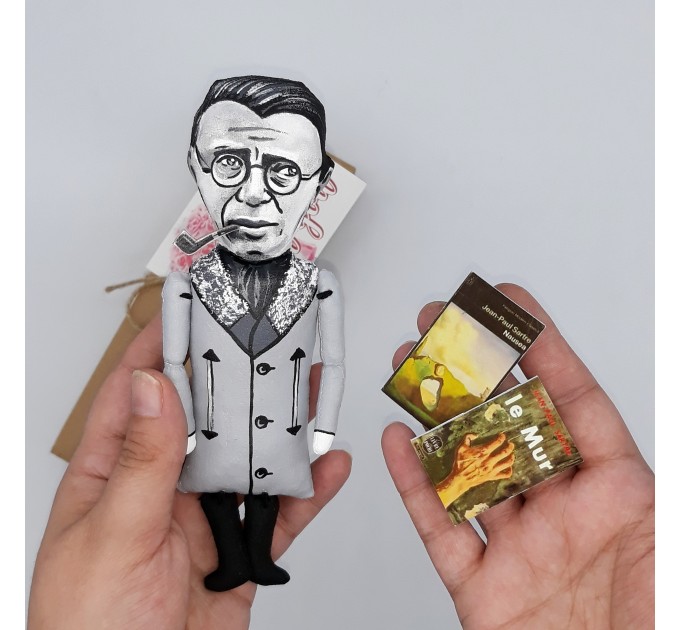 Jean Paul Sartre figurine, French philosopher - Philosophy Teacher Gift - Collectible hand painted doll + miniature book