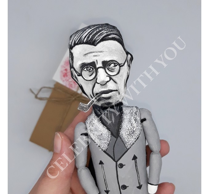 Jean Paul Sartre figurine, French philosopher - Philosophy Teacher Gift - Collectible hand painted doll + miniature book