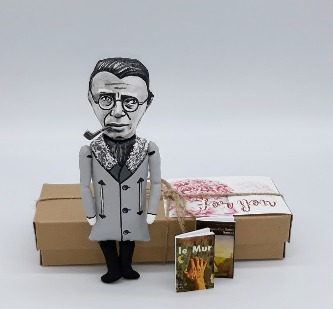 Jean Paul Sartre figurine, French philosopher - Philosophy Teacher Gift - Collectible hand painted doll + miniature book