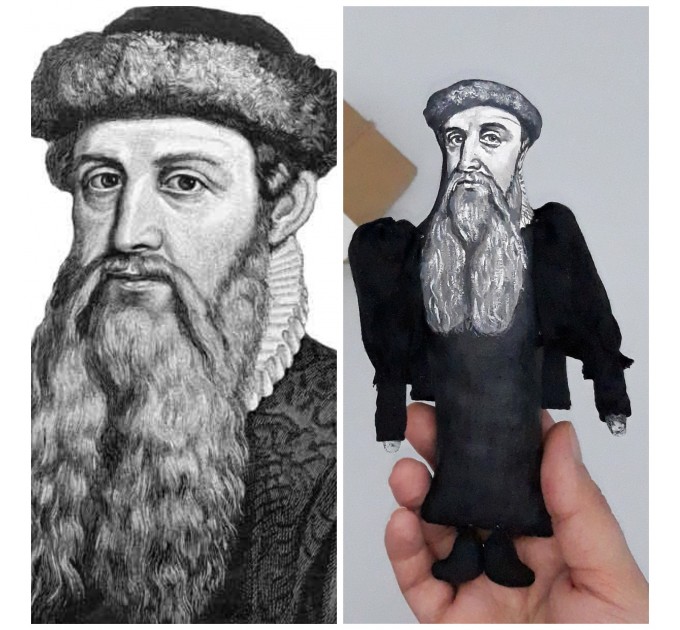 Johannes Gutenberg scientist action figure 1:12, inventor, printer, publisher - bookshelf decor, a unique collection for smart people - historical ornament - Collectible scientist finger puppet hand painted + miniature book