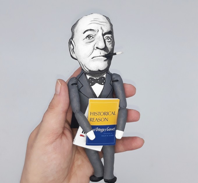 José Ortega y Gasset literary figurine, Spanish philosopher, essayist - Gifts for Readers & Writers - Book shelf decoration - Collectible philosopher finger puppet hand painted + Miniature Book