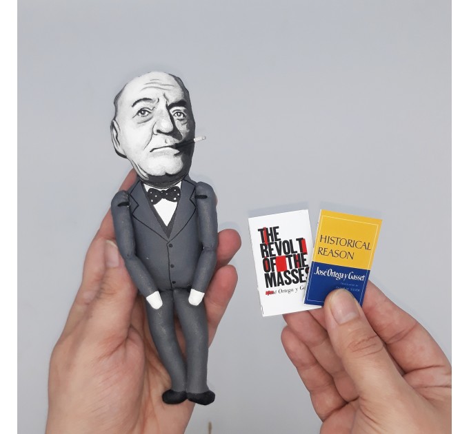 José Ortega y Gasset literary figurine, Spanish philosopher, essayist - Gifts for Readers & Writers - Book shelf decoration - Collectible philosopher finger puppet hand painted + Miniature Book