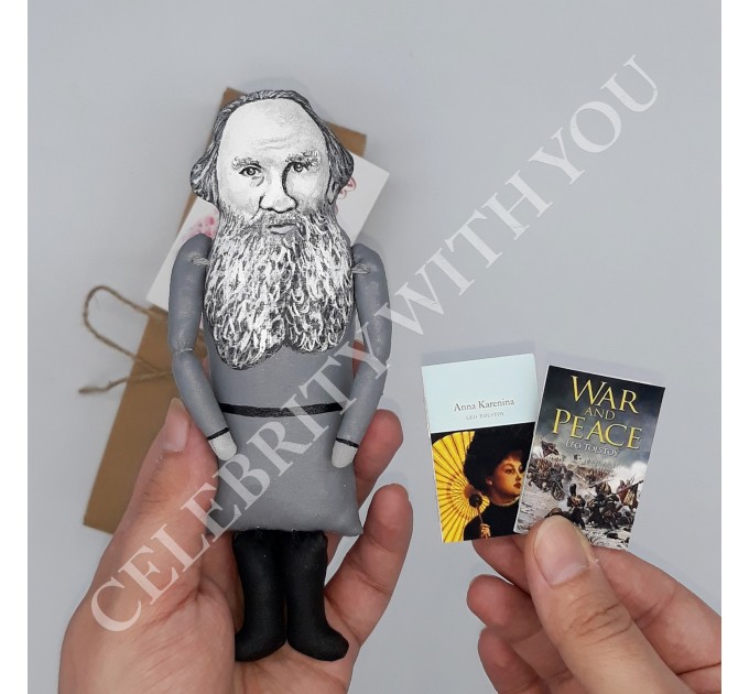 Leo Tolstoy Russian writer author War and Peace, Anna Karenina - Reader gifts - book shelf decoration - Collectible doll hand painted + 2 Miniature Books