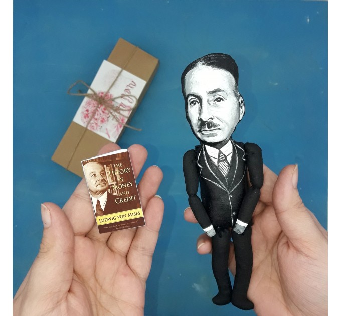 Ludwig von Mises action figure 1:12, Austrian School economist, historian, logician and sociologist - book shelf decoration, a unique collection for smart people - Collectible handmade finger puppet hand painted + miniature book