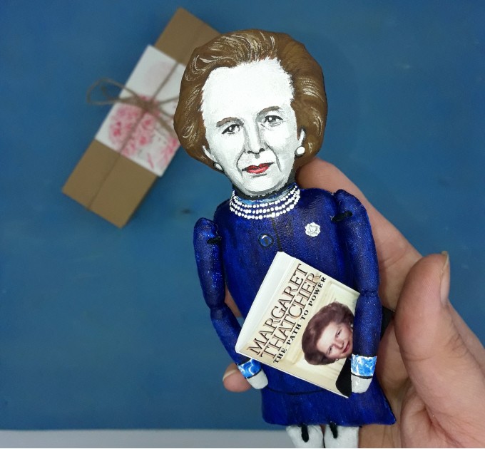 Margaret Thatcher political action figure 1:12, British stateswoman, Prime Minister of the United Kingdom - history teacher gifts, deck accessories for office - Collectible political finger puppet + miniature book