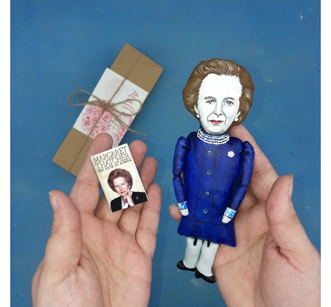 Margaret Thatcher political action figure 1:12, British stateswoman, Prime Minister of the United Kingdom - history teacher gifts, deck accessories for office - Collectible political finger puppet + miniature book