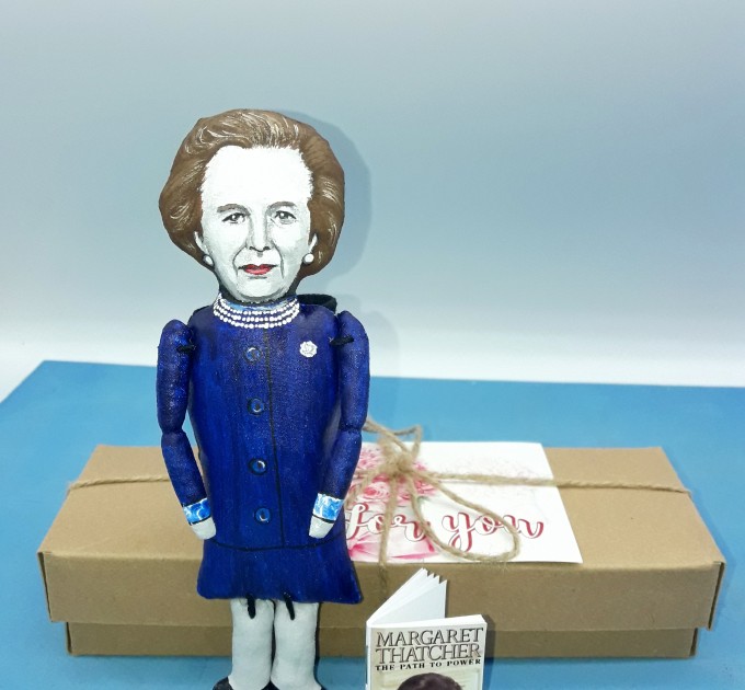 Margaret Thatcher political action figure 1:12, British stateswoman, Prime Minister of the United Kingdom - history teacher gifts, deck accessories for office - Collectible political finger puppet + miniature book