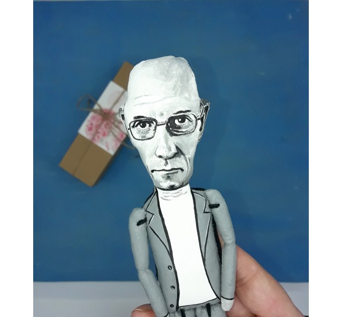 Michel Foucault literary action figure 1:12, French philosopher, writer, political activist, literary critic - Philosophy Gift, bibliophile gift, book club - Collectible little thinker doll hand painted + Miniature Book