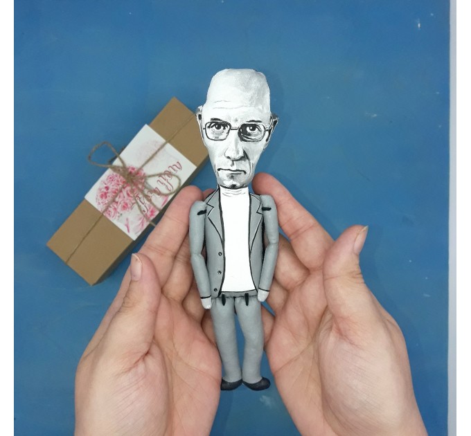 Michel Foucault literary action figure 1:12, French philosopher, writer, political activist, literary critic - Philosophy Gift, bibliophile gift, book club - Collectible little thinker doll hand painted + Miniature Book