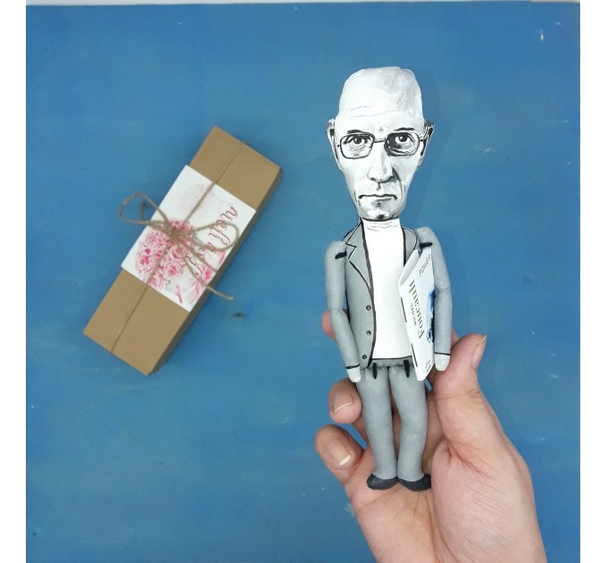 Michel Foucault literary action figure 1:12, French philosopher, writer, political activist, literary critic - Philosophy Gift, bibliophile gift, book club - Collectible little thinker doll hand painted + Miniature Book