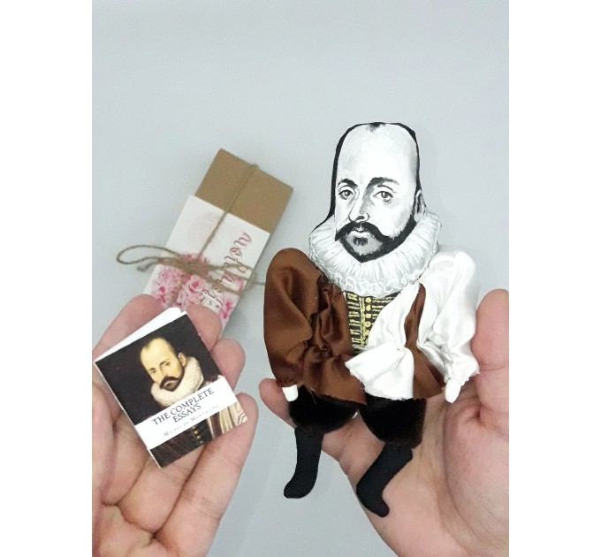 Michel de Montaigne philosopher of the French Renaissance -  a unique collection for smart people  - literary gifts for book lovers - Collectible literary action figure 1:12 hand painted + Miniature Book